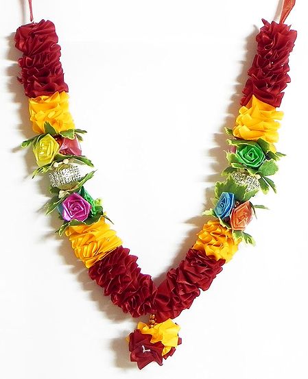 Red and Yellow Ribbon Garland with Multicolor Roses