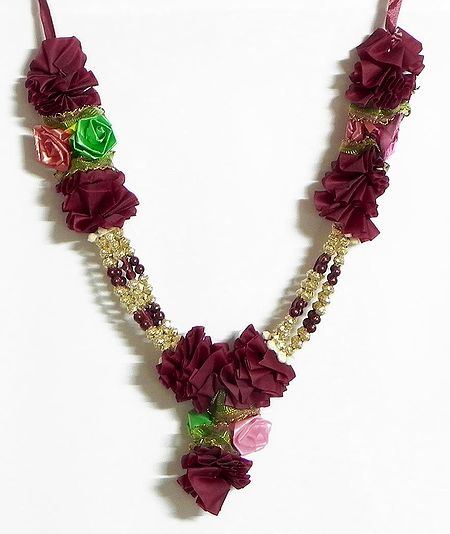 Maroon Ribbon Garland with Beads and Multicolor Roses