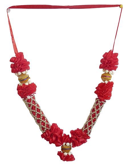Red Ribbon Garland with Golden Beads