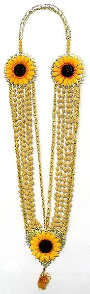 Golden Multistrand Artificial Wooden Beads and Sequined Flower Garland with Golden locket