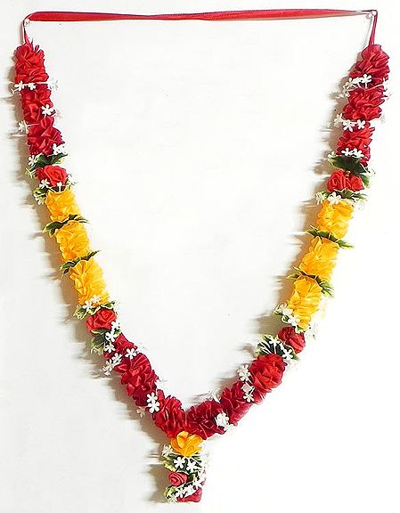 Yellow and Red Ribbon Artificial Flower Garland with Small White Flowers
