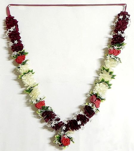 Maroon, White Ribbon Artificial Flower Garland with Light Red Roses