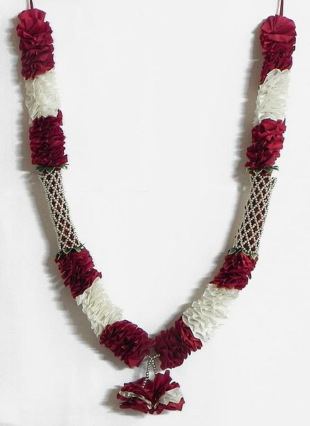 Maroon with White Ribbon Garland with Beads
