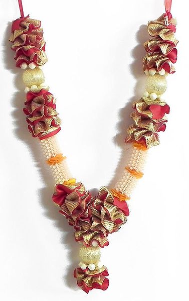 Golden with Red Ribbon Garland with off-White Plastic Beads