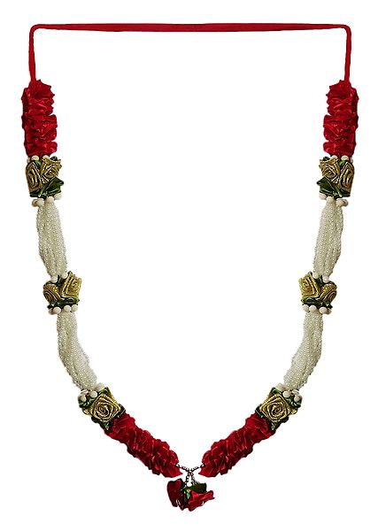 White Beads, Red Ribbon with Golden Rose Garland