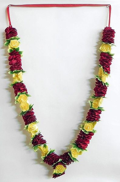 Maroon and Green Satin Ribbon Artificial Garland with Yellow Roses