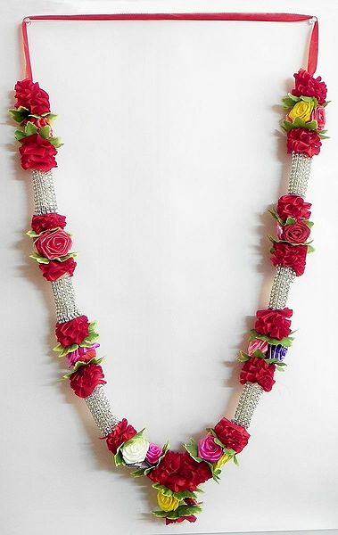 Red and Silver Ribbon Artificial Garland with Multicolor Roses