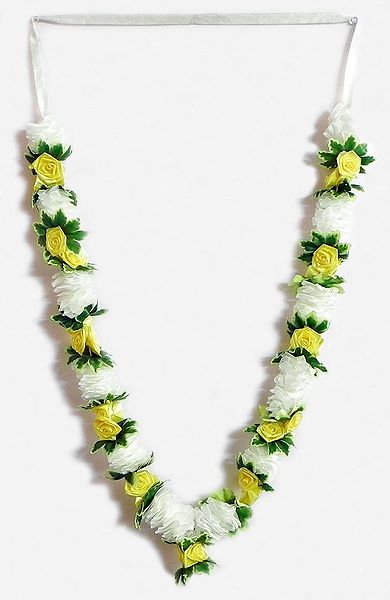 White with Green Ribbon Artificial Garland with Yellow Satin Roses