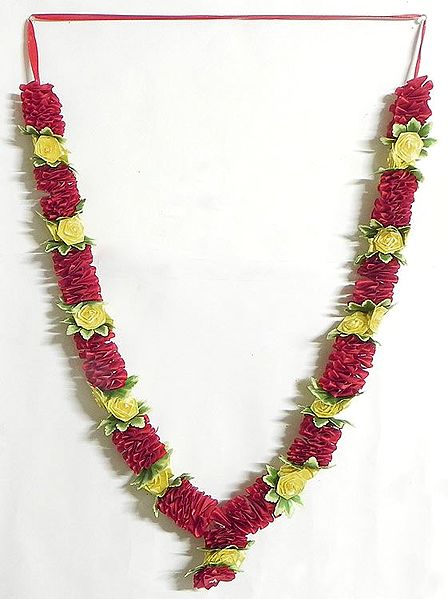 Red Ribbon Artificial Flower Garland with Yellow Satin Roses