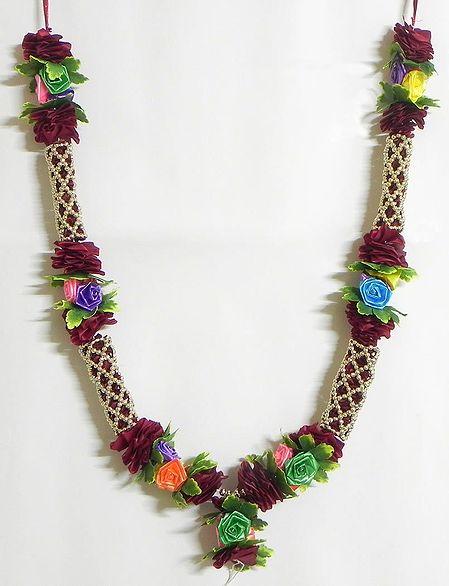 Maroon Ribbon Garland with Beads and multicolor Roses