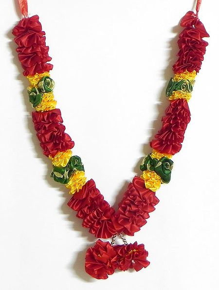 Red and Yellow Ribbon Garland with Green Roses
