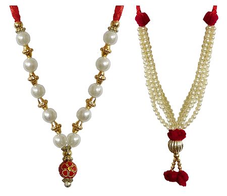 Set of 2 White, Red and Golden Beaded Small Garlands for Deity