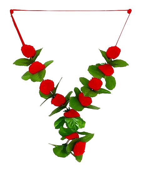 Red Woolen Balls with Green Cloth Leaves Garland
