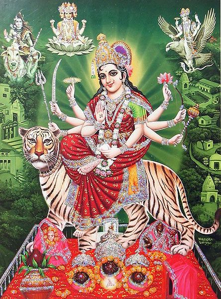 Vaishno Devi with Brahma, Vishnu and Shiva (Poster with Glitter)