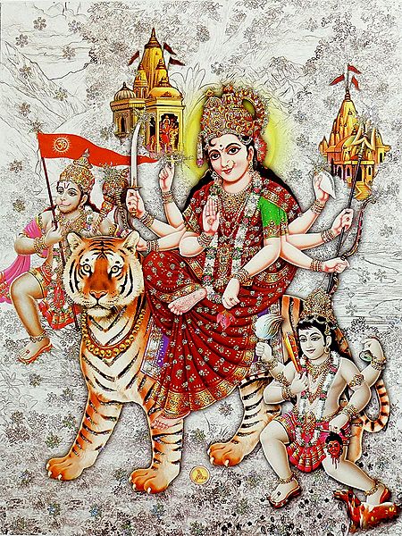 Vaishno Devi with Bhairav and Hanuman - Glitter Poster
