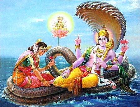 Brahma Emerging From The Navel of Vishnu with Lakshmi At His Feet