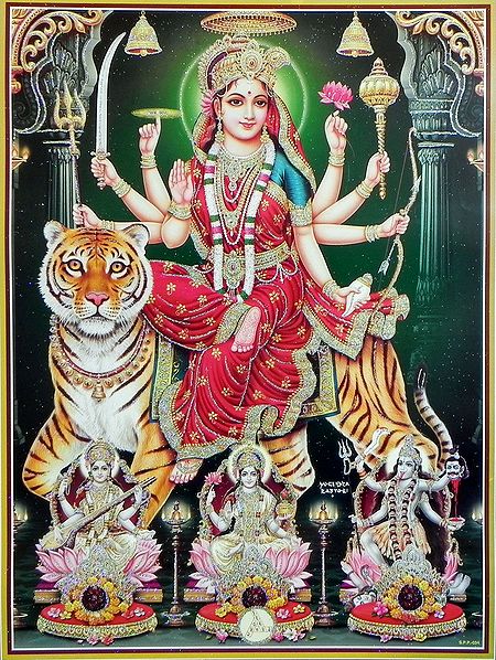 Durga with Kali, Lakshmi and Saraswati - (Poster with Glitter)