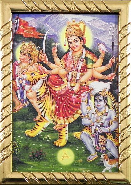 Sherawali Mata with Bhairav and Hanuman