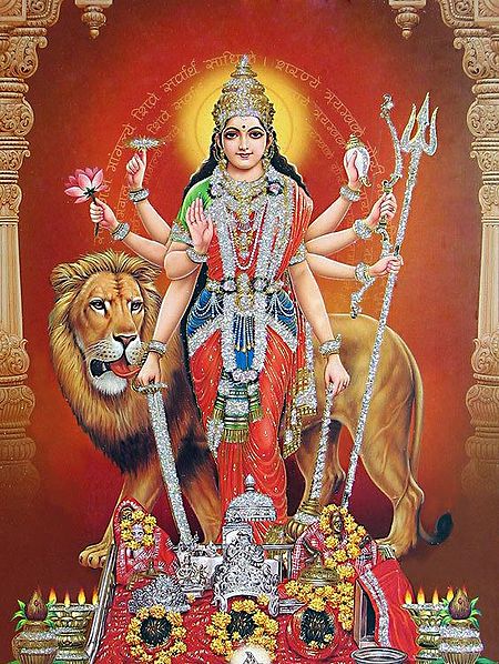 Goddess Durga and One of Her Form as Vaishno Devi - (Poster with Glitter)