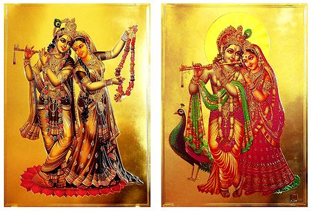 Radha Krishna - Set of 2 Golden Metallic Paper Poster
