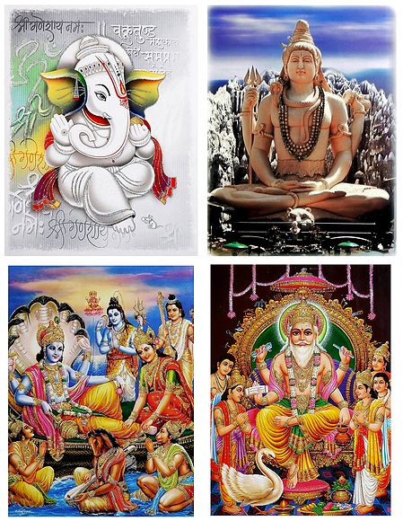Ganesha, Shiva, Lakshmi Narayan and Vishwakarma - Set of 4 Glitter Posters