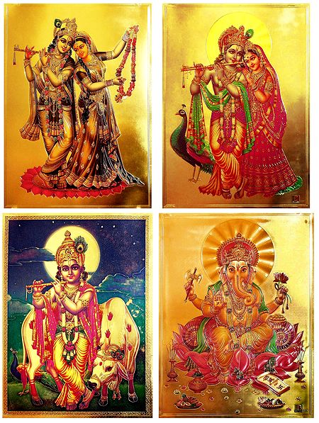 Radha Krishna, Krishna and Ganesha - Set of 4 Golden Metallic Paper Poster