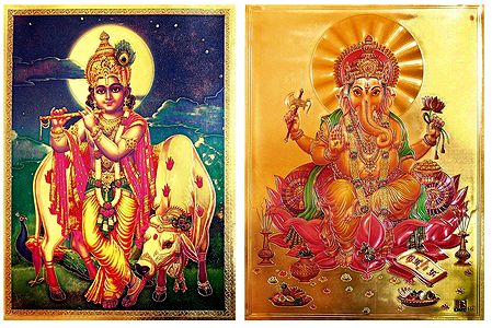 Krishna and Ganesha - Set of 2 Golden Metallic Paper Poster