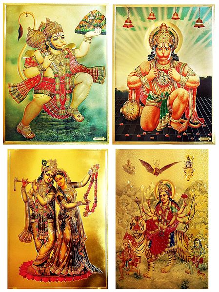 Hanuman, Radha Krishna and Bhagawati - Set of 4 Golden Metallic Paper Posters