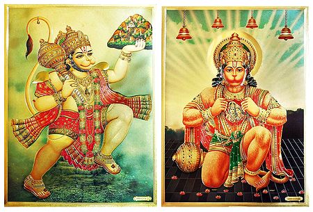 Hanuman - Set of 2 Golden Metallic Paper Posters