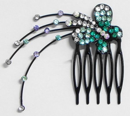 Cyan and White Crystal Studded Butterfly Hair Comb