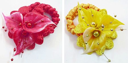 Pair of Red and Yellow Flower on Elastic Hair Band to Hold Ponytail