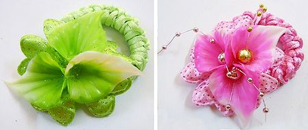 Pair of Green and Pink Flower on Elastic Hair Band to Hold Ponytail