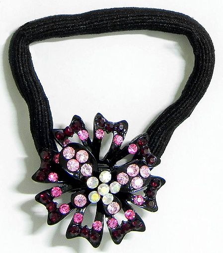 Faux Ruby Studded Metal Flower on Elastic Hair Band  for Ponytail Holder