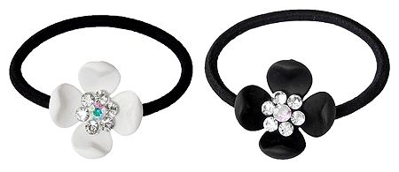 Set of 2 Black and White Acrylic Flowers on Elastic Hair Band for Ponytail Holder