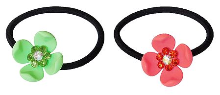 Set of 2 Green and Peach Acrylic Flowers on Elastic Hair Band for Ponytail Holder