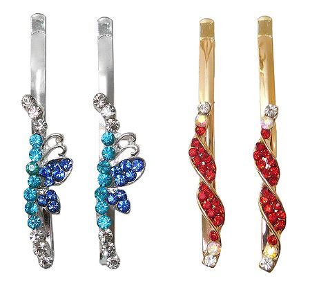2 Pairs of Red and Blue Stone Studded Hair Clips