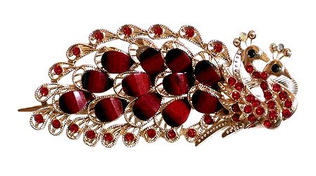 Red Stone Studded Peacock Design Press Hair Clip