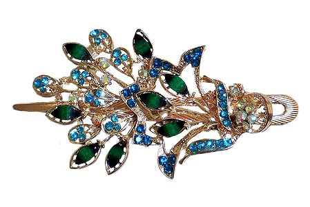 Green and Blue Stone Studded Flower Design Press Hair Clip