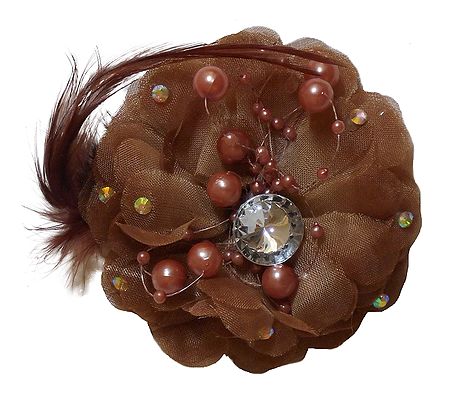 Brown Flower Hair Clip with Feather (can be used as Brooch also)