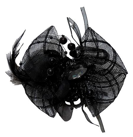 Black Net Bow Hair Clip with Feather (can be used as Brooch also)