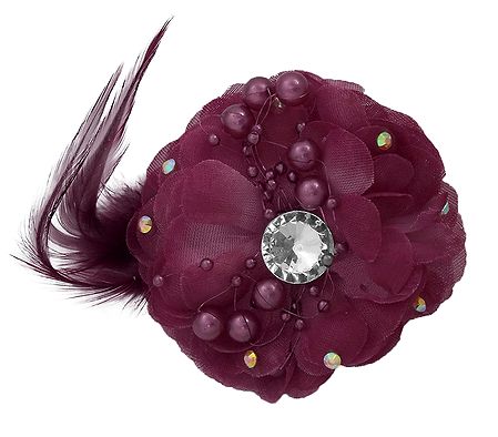 Light Maroon Flower Hair Clip with Feather (can be used as Brooch also)