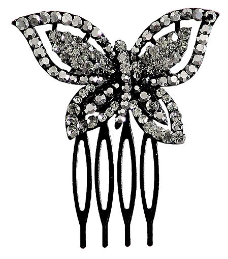 Grey Crystal Studded Butterfly Black Hair Comb