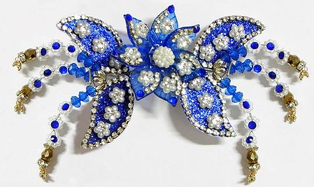 White Stone Studded Blue Flower Head Piece with Beads 