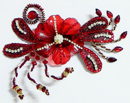 White and Red                                                                                                                                                                                   Stone Studded Flower Head Piece with Beads