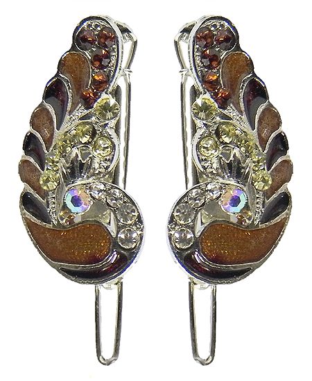 Pair of Lacquered and Stone Studded Peacock Hair Clip