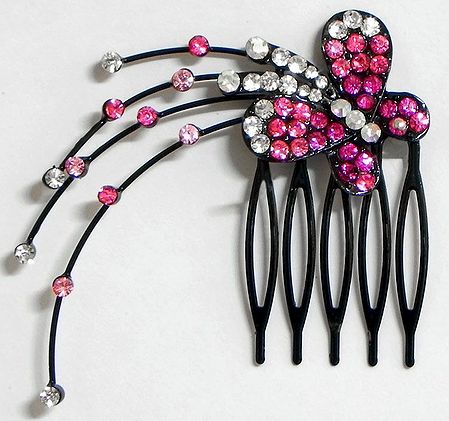 Magenta and White Crystal Studded Butterfly Hair Comb