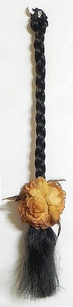 Artificial Braided Black Hair with Detachable Brown Cloth Flower Hair Clutcher