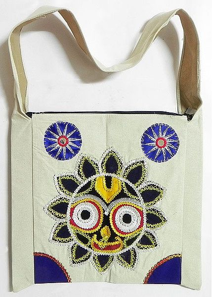Appliqued Face of Jagannathdev on Off-White Cotton Shoulder Bag with Two Zipped Pocket