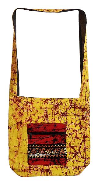 Kantha Embroidered Yellow with Maroon Batik Cotton Bag with Three Zipped Pocket