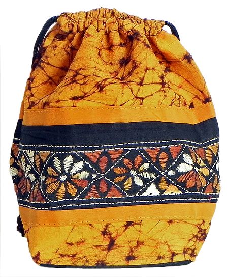 Kantha Embroidered Yellow Batik Potli Cotton Bag